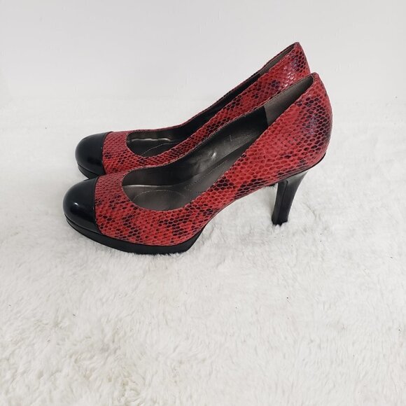 Tahari Laura Pumps Stiletto Red Snakeskin Black Patent Leather Pinup Vamp 7 - Picture 8 of 15